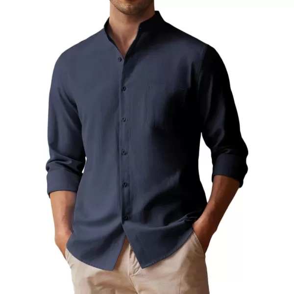 COOFANDY Men's Long Sleeve Oxford Shirt Band Collar Button Down Shirts Summer Beach Shirt
