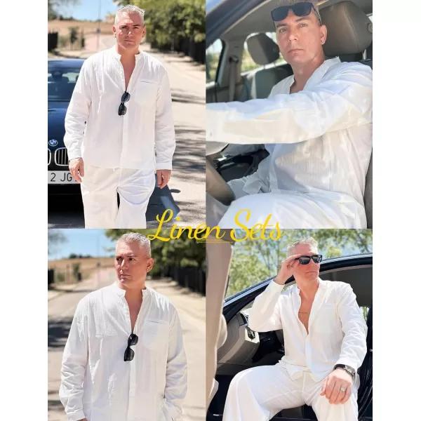 COOFANDY Mens 2 Pieces Cotton Linen Set Long Sleeve Button Up Shirt and Beach Pants Set Summer Yoga Outfits
