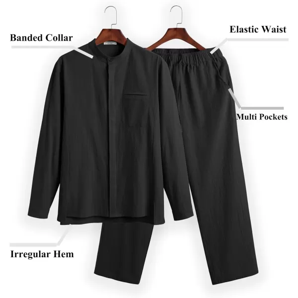 COOFANDY Mens 2 Pieces Cotton Linen Set Long Sleeve Button Up Shirt and Beach Pants Set Summer Yoga Outfits