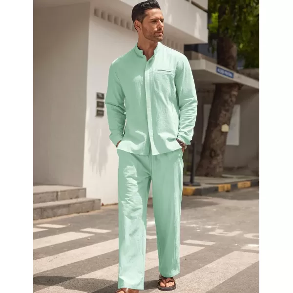 COOFANDY Mens 2 Pieces Cotton Linen Set Long Sleeve Button Up Shirt and Beach Pants Set Summer Yoga Outfits