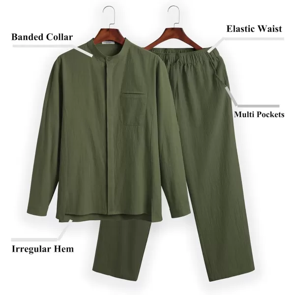 COOFANDY Mens 2 Pieces Cotton Linen Set Long Sleeve Button Up Shirt and Beach Pants Set Summer Yoga Outfits