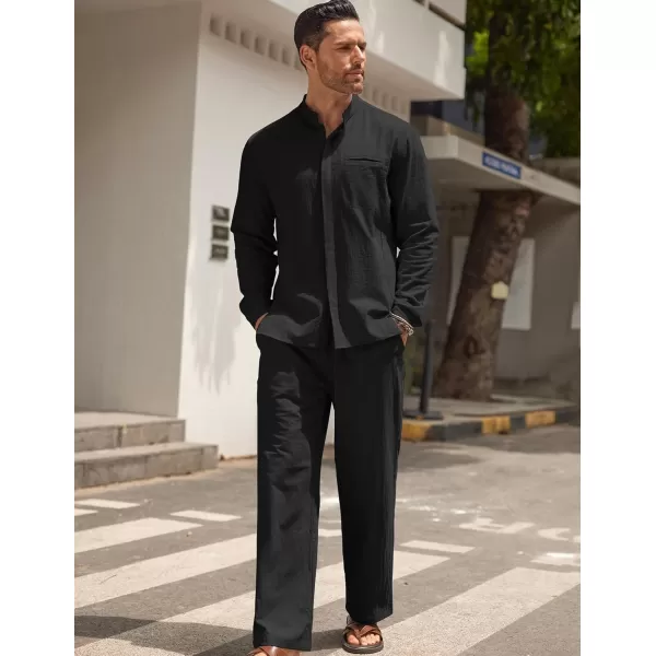 COOFANDY Mens 2 Pieces Cotton Linen Set Long Sleeve Button Up Shirt and Beach Pants Set Summer Yoga Outfits