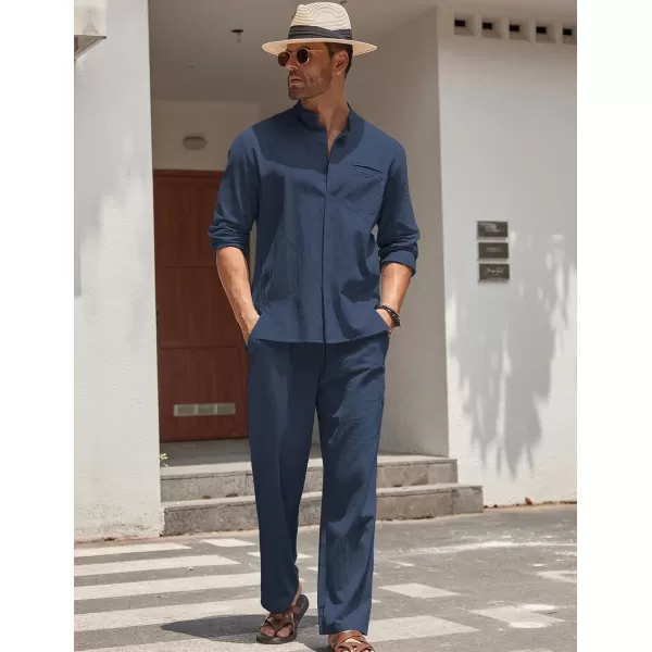 COOFANDY Mens 2 Pieces Cotton Linen Set Long Sleeve Button Up Shirt and Beach Pants Set Summer Yoga Outfits