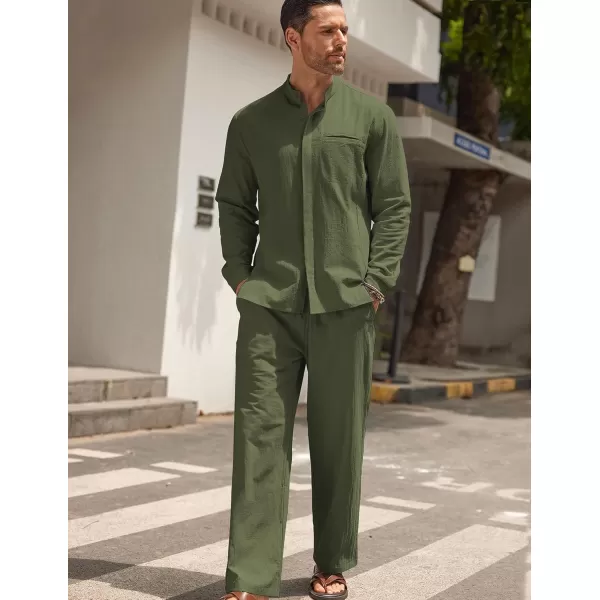 COOFANDY Mens 2 Pieces Cotton Linen Set Long Sleeve Button Up Shirt and Beach Pants Set Summer Yoga Outfits