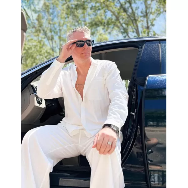 COOFANDY Mens 2 Pieces Cotton Linen Set Long Sleeve Button Up Shirt and Beach Pants Set Summer Yoga Outfits