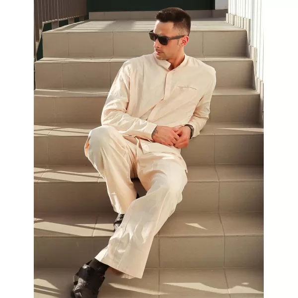 COOFANDY Mens 2 Pieces Cotton Linen Set Long Sleeve Button Up Shirt and Beach Pants Set Summer Yoga Outfits