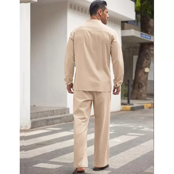 COOFANDY Mens 2 Pieces Cotton Linen Set Long Sleeve Button Up Shirt and Beach Pants Set Summer Yoga Outfits