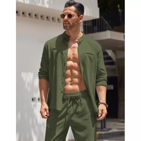 COOFANDY Mens 2 Pieces Cotton Linen Set Long Sleeve Button Up Shirt and Beach Pants Set Summer Yoga Outfits