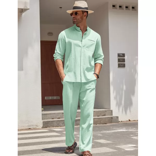 COOFANDY Mens 2 Pieces Cotton Linen Set Long Sleeve Button Up Shirt and Beach Pants Set Summer Yoga Outfits
