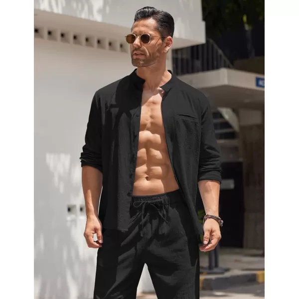 COOFANDY Mens 2 Pieces Cotton Linen Set Long Sleeve Button Up Shirt and Beach Pants Set Summer Yoga Outfits