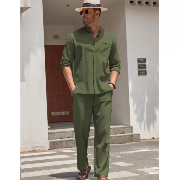 COOFANDY Mens 2 Pieces Cotton Linen Set Long Sleeve Button Up Shirt and Beach Pants Set Summer Yoga Outfits