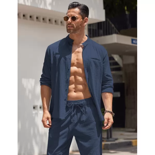 COOFANDY Mens 2 Pieces Cotton Linen Set Long Sleeve Button Up Shirt and Beach Pants Set Summer Yoga Outfits