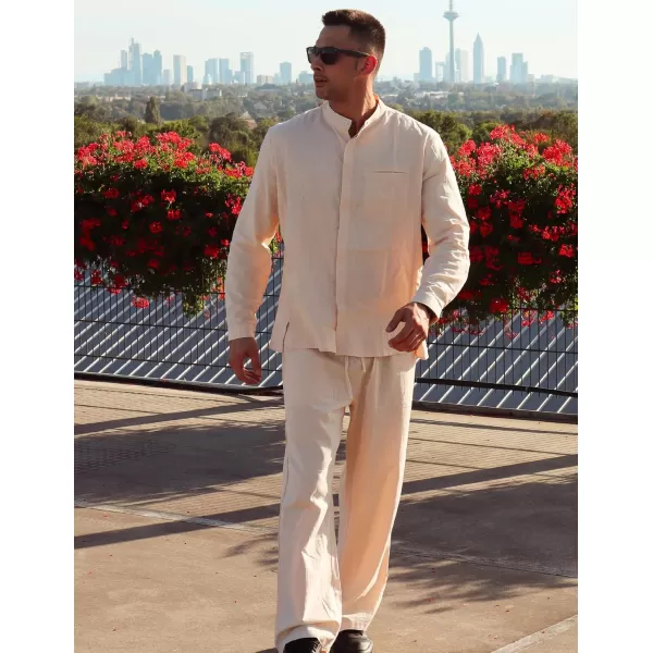 COOFANDY Mens 2 Pieces Cotton Linen Set Long Sleeve Button Up Shirt and Beach Pants Set Summer Yoga Outfits