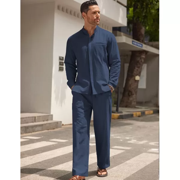 COOFANDY Mens 2 Pieces Cotton Linen Set Long Sleeve Button Up Shirt and Beach Pants Set Summer Yoga Outfits