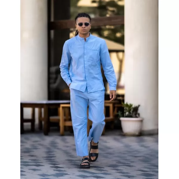 COOFANDY Mens 2 Pieces Cotton Linen Set Long Sleeve Button Up Shirt and Beach Pants Set Summer Yoga Outfits