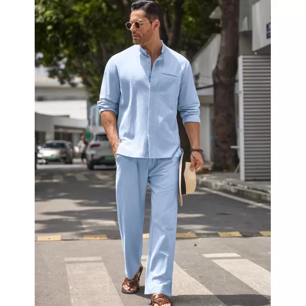 COOFANDY Mens 2 Pieces Cotton Linen Set Long Sleeve Button Up Shirt and Beach Pants Set Summer Yoga Outfits