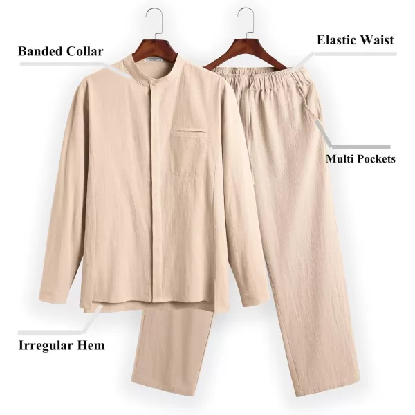 COOFANDY Mens 2 Pieces Cotton Linen Set Long Sleeve Button Up Shirt and Beach Pants Set Summer Yoga Outfits