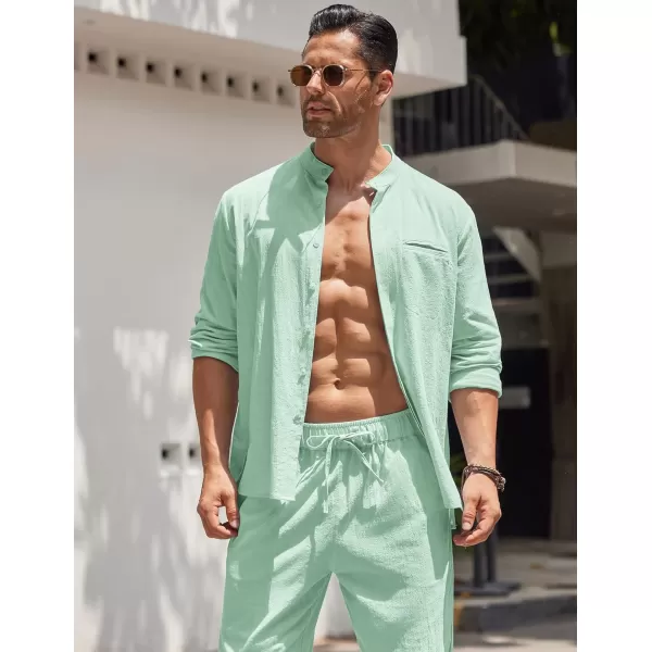 COOFANDY Mens 2 Pieces Cotton Linen Set Long Sleeve Button Up Shirt and Beach Pants Set Summer Yoga Outfits