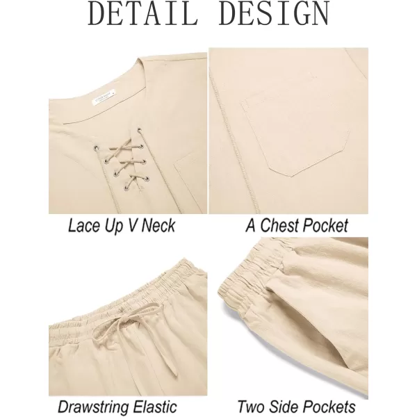 COOFANDY Men's 2 Pieces Cotton Linen Set Outfit Hippie Shirt and Pant Suit Beach Summer Renaissance Lace Up Henley Set