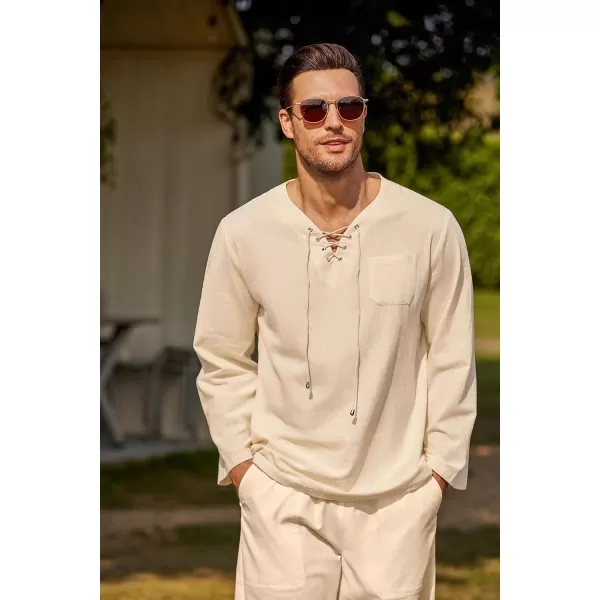 COOFANDY Men's 2 Pieces Cotton Linen Set Outfit Hippie Shirt and Pant Suit Beach Summer Renaissance Lace Up Henley Set