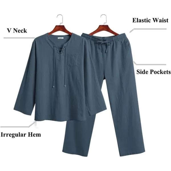 COOFANDY Men's 2 Pieces Cotton Linen Set Outfit Hippie Shirt and Pant Suit Beach Summer Renaissance Lace Up Henley Set