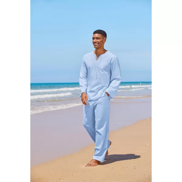 COOFANDY Men's 2 Pieces Cotton Linen Set Outfit Hippie Shirt and Pant Suit Beach Summer Renaissance Lace Up Henley Set