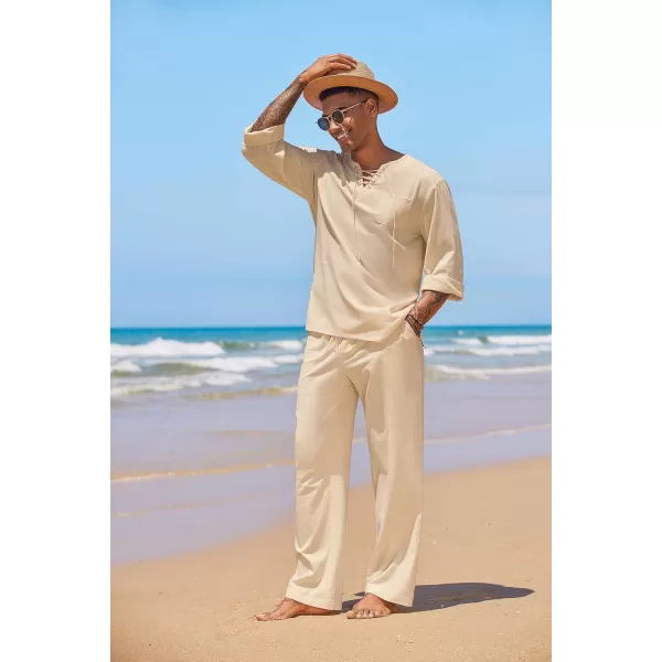 COOFANDY Men's 2 Pieces Cotton Linen Set Outfit Hippie Shirt and Pant Suit Beach Summer Renaissance Lace Up Henley Set