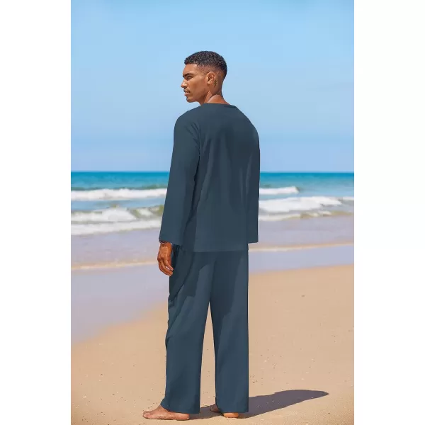 COOFANDY Men's 2 Pieces Cotton Linen Set Outfit Hippie Shirt and Pant Suit Beach Summer Renaissance Lace Up Henley Set