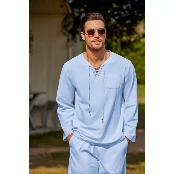 COOFANDY Men's 2 Pieces Cotton Linen Set Outfit Hippie Shirt and Pant Suit Beach Summer Renaissance Lace Up Henley Set