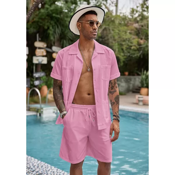 COOFANDY Men's 2 Pieces Guayabera Shirts Set Casual Linen Short Sleeve Button Down Shirts and Shorts Outfits
