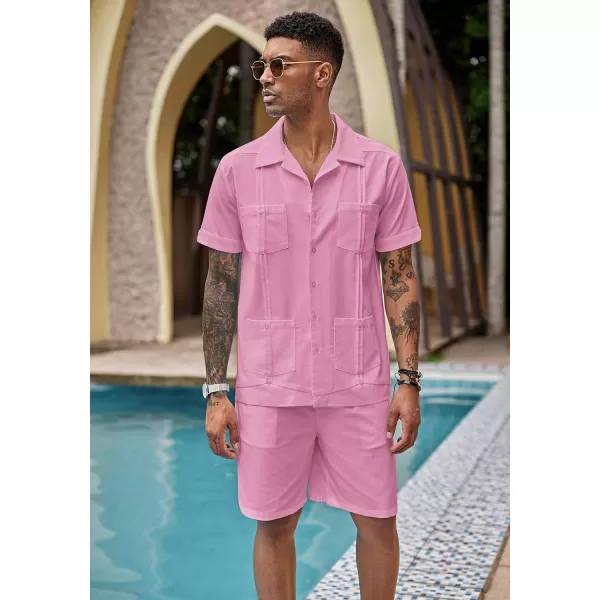 COOFANDY Men's 2 Pieces Guayabera Shirts Set Casual Linen Short Sleeve Button Down Shirts and Shorts Outfits