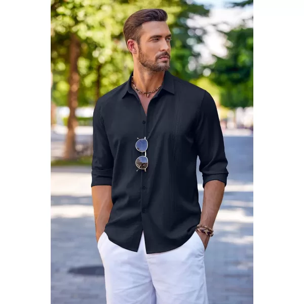 COOFANDY Men's Cuban Guayabera Shirt Long Sleeve Casual Button Down Shirts Beach Linen Shirt