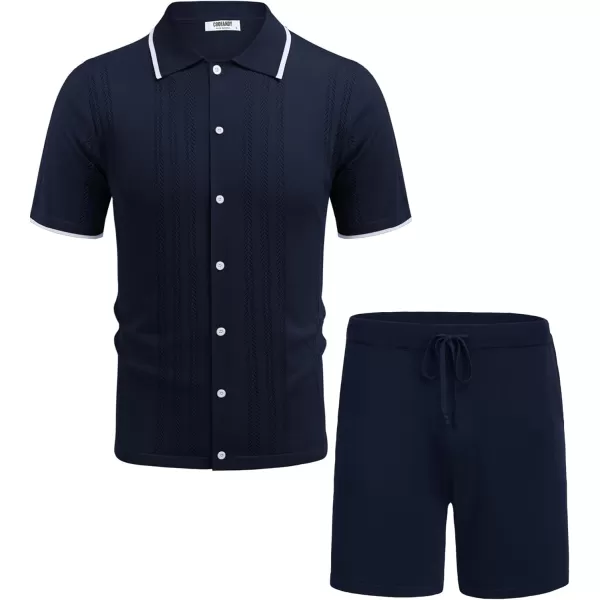 COOFANDY Men's Knit Polo Shirt Set Breathable Hollow Out Casual Button Down Shirts and Shorts