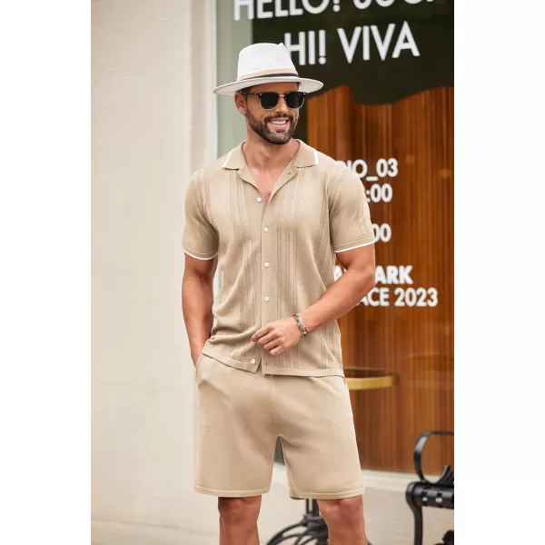 COOFANDY Men's Knit Polo Shirt Set Breathable Hollow Out Casual Button Down Shirts and Shorts