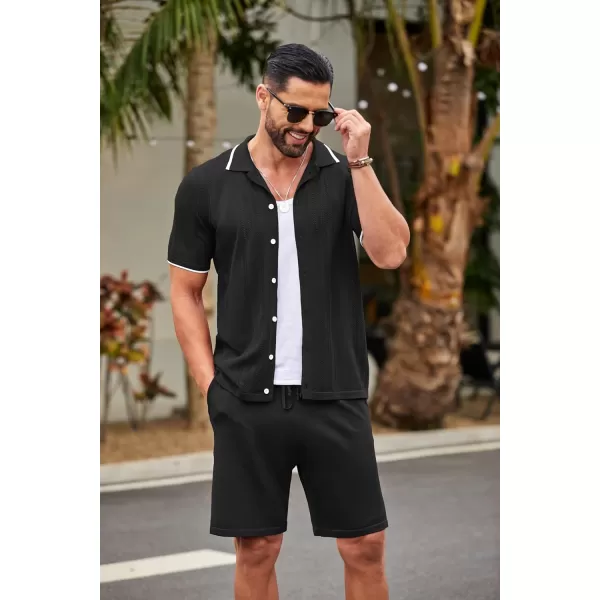 COOFANDY Men's Knit Polo Shirt Set Breathable Hollow Out Casual Button Down Shirts and Shorts