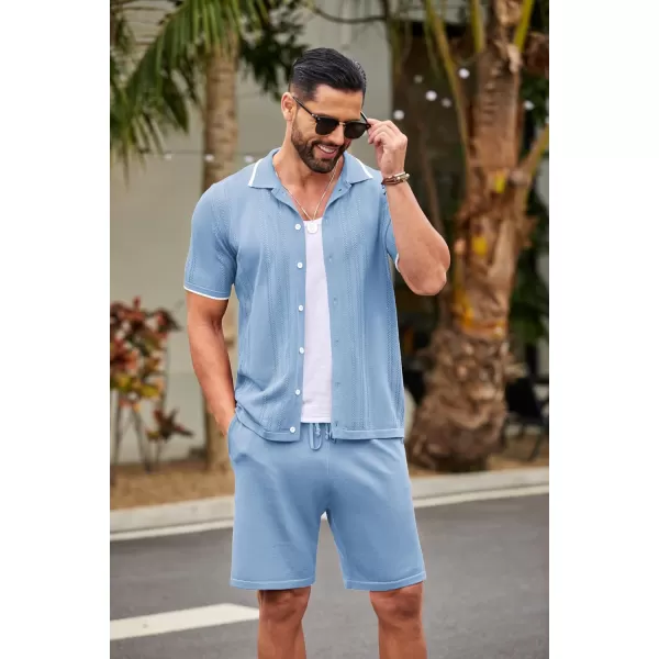 COOFANDY Men's Knit Polo Shirt Set Breathable Hollow Out Casual Button Down Shirts and Shorts