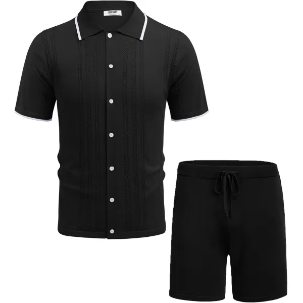 COOFANDY Men's Knit Polo Shirt Set Breathable Hollow Out Casual Button Down Shirts and Shorts