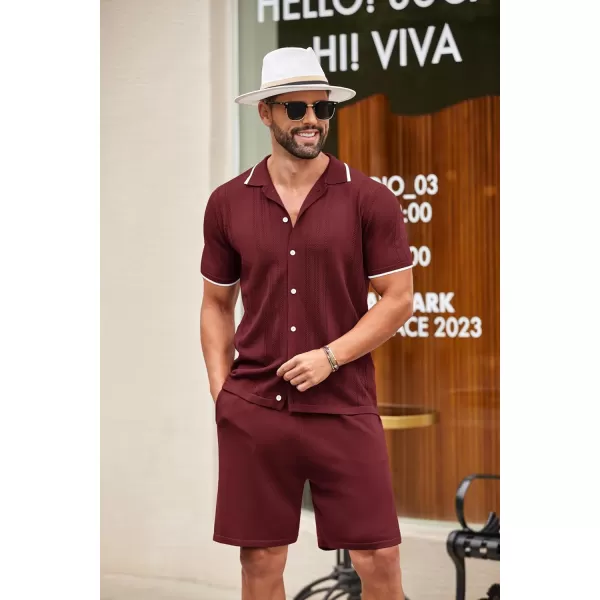 COOFANDY Men's Knit Polo Shirt Set Breathable Hollow Out Casual Button Down Shirts and Shorts
