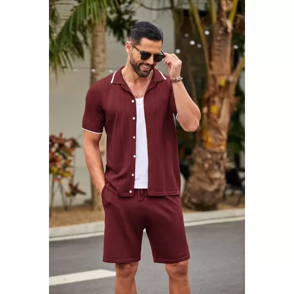 COOFANDY Men's Knit Polo Shirt Set Breathable Hollow Out Casual Button Down Shirts and Shorts