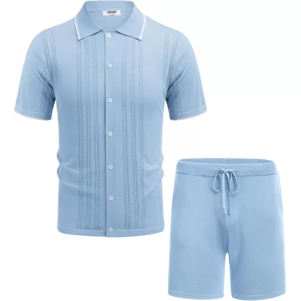 COOFANDY Men's Knit Polo Shirt Set Breathable Hollow Out Casual Button Down Shirts and Shorts