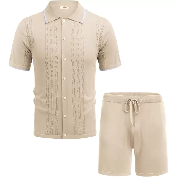 COOFANDY Men's Knit Polo Shirt Set Breathable Hollow Out Casual Button Down Shirts and Shorts
