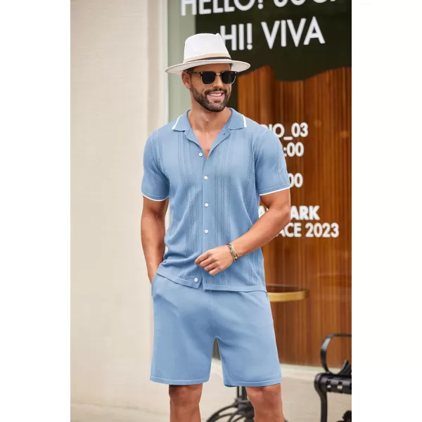 COOFANDY Men's Knit Polo Shirt Set Breathable Hollow Out Casual Button Down Shirts and Shorts