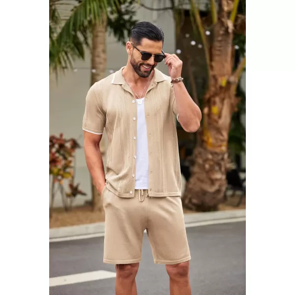 COOFANDY Men's Knit Polo Shirt Set Breathable Hollow Out Casual Button Down Shirts and Shorts