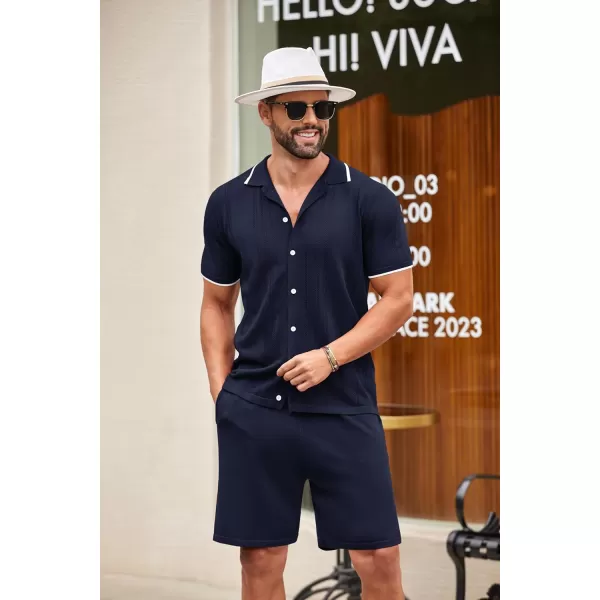 COOFANDY Men's Knit Polo Shirt Set Breathable Hollow Out Casual Button Down Shirts and Shorts