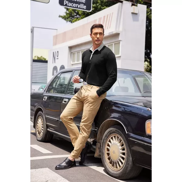 COOFANDY Men's Long Sleeve Polo Shirt Striped Collar Casual Slim Fit Cotton Polo T Shirts
