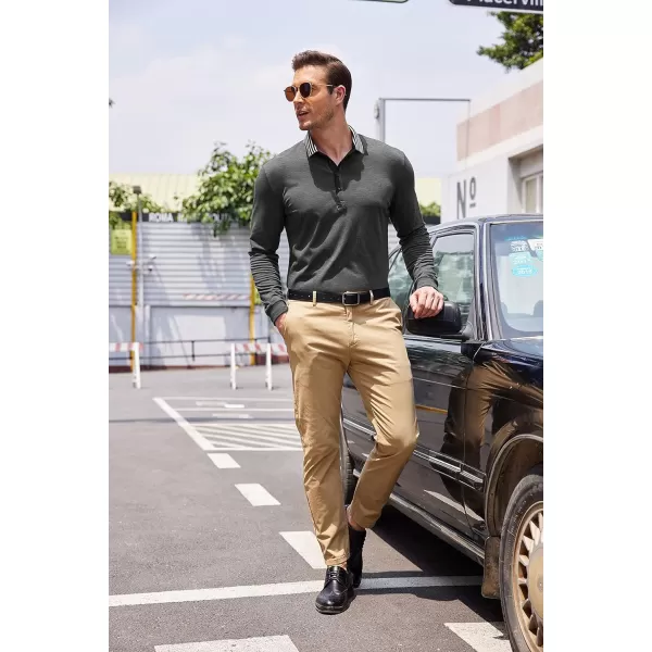 COOFANDY Men's Long Sleeve Polo Shirt Striped Collar Casual Slim Fit Cotton Polo T Shirts