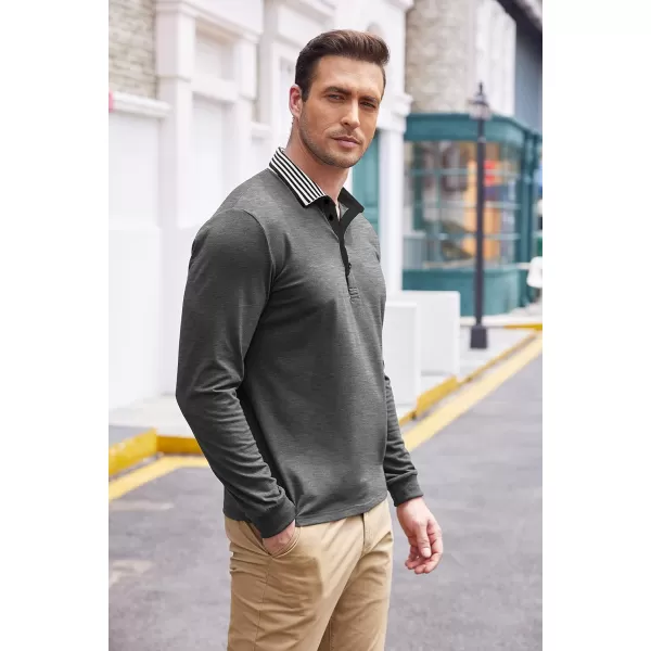 COOFANDY Men's Long Sleeve Polo Shirt Striped Collar Casual Slim Fit Cotton Polo T Shirts
