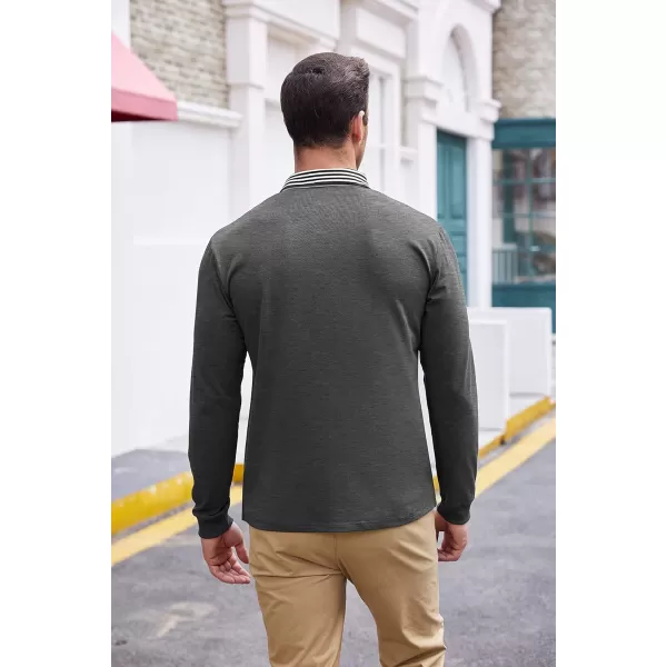 COOFANDY Men's Long Sleeve Polo Shirt Striped Collar Casual Slim Fit Cotton Polo T Shirts