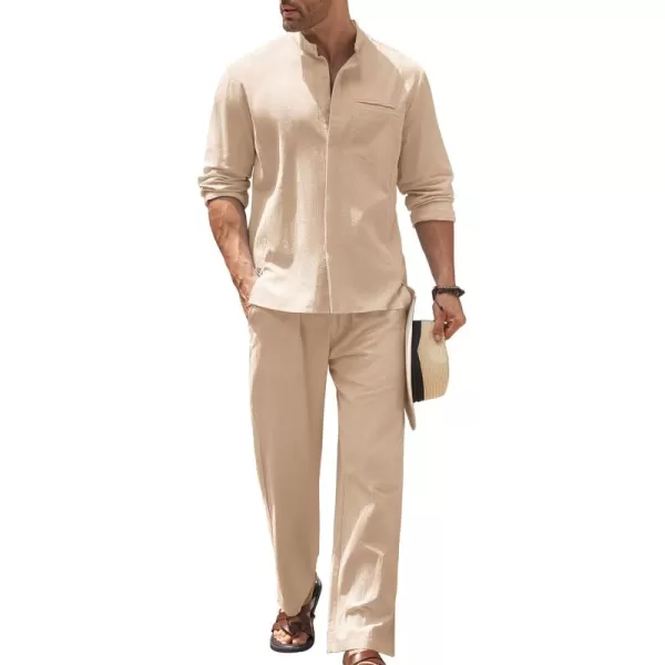 COOFANDY Mens 2 Pieces Cotton Linen Set Long Sleeve Button Up Shirt and Beach Pants Set Summer Yoga Outfits