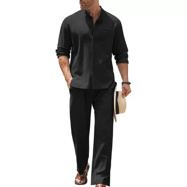COOFANDY Mens 2 Pieces Cotton Linen Set Long Sleeve Button Up Shirt and Beach Pants Set Summer Yoga Outfits